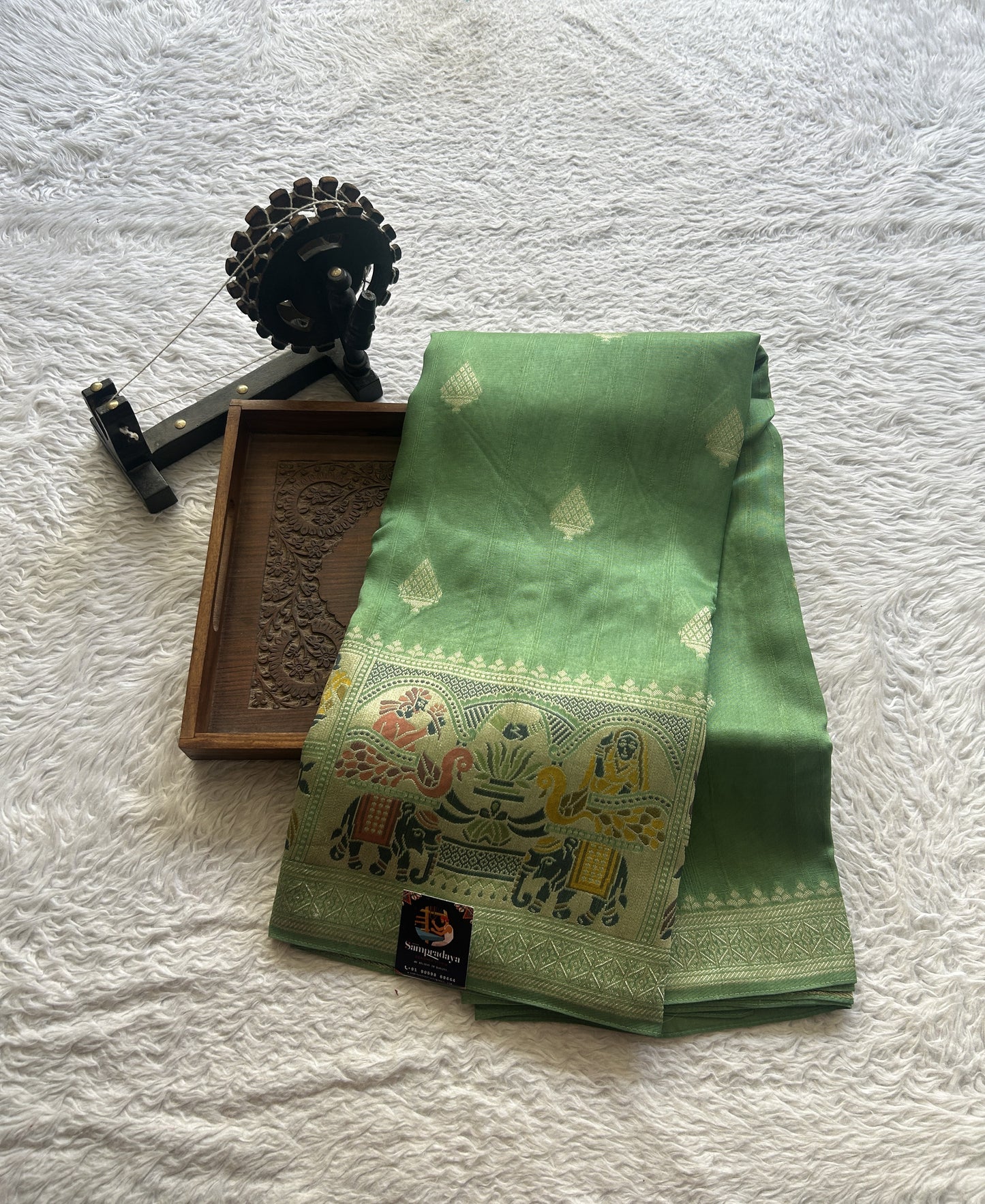 Banarasi Tussar Georgette Saree Light Green Colored Exquisite Minakari Border. - Sampradaya Designer Studio