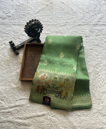 Banarasi Tussar Georgette Saree Light Green Colored Exquisite Minakari Border. - Sampradaya Designer Studio