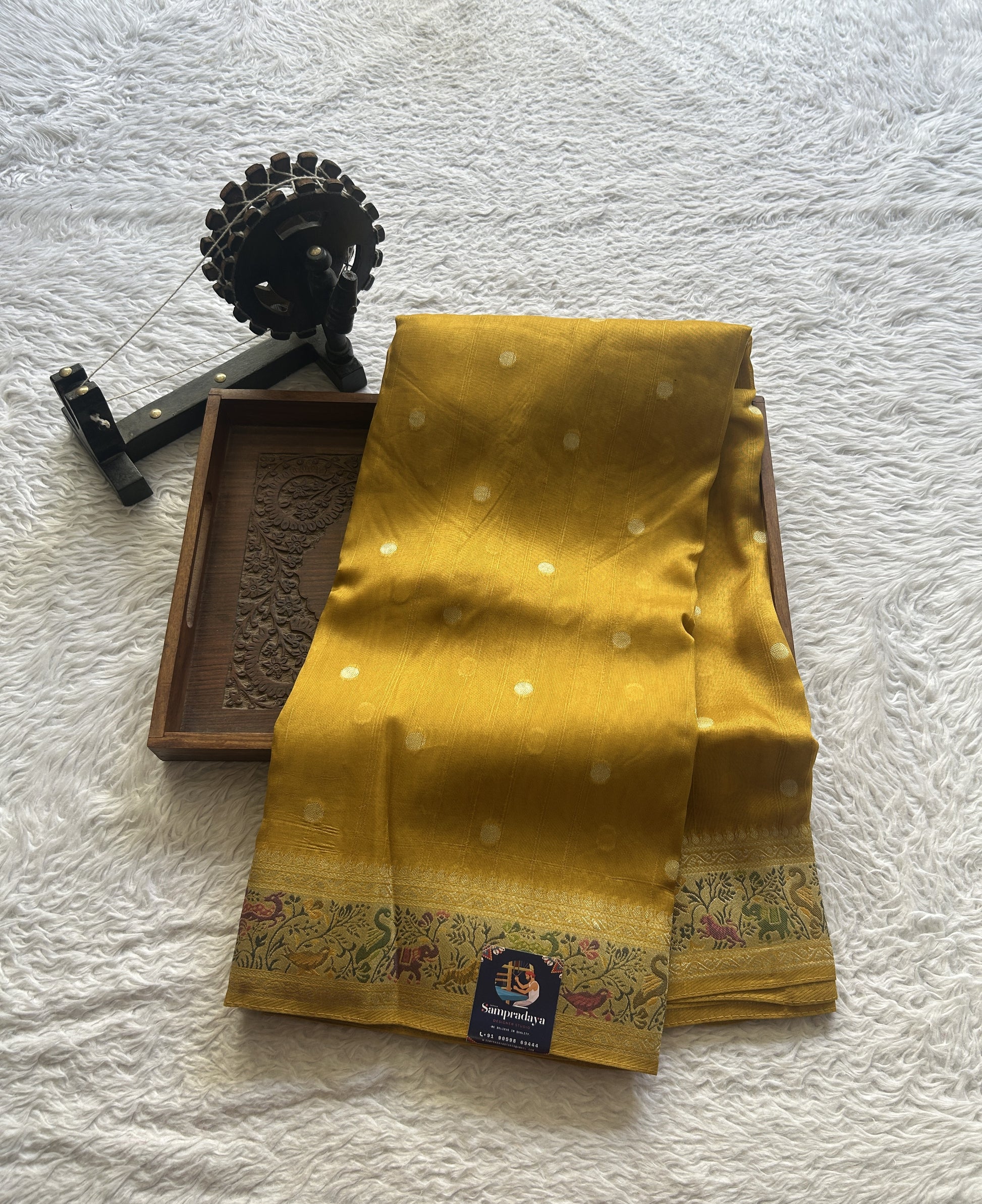 Banarasi Tussar Georgette Saree Yellow Colored Exquisite Minakari Border. - Sampradaya Designer Studio