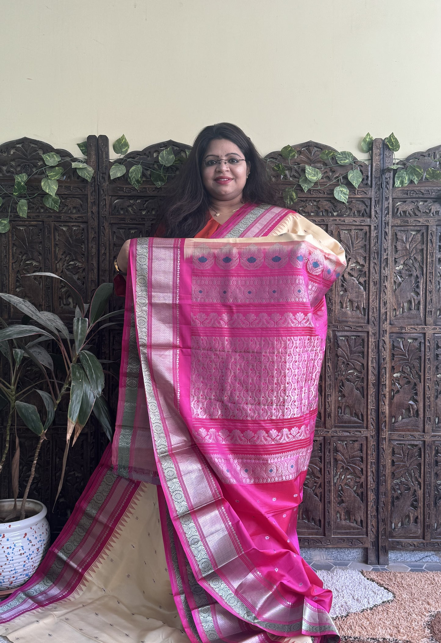 Gadwal Pattu Saree Cream colored saree complemented with a Pink Zari border - Sampradaya Designer Studio
