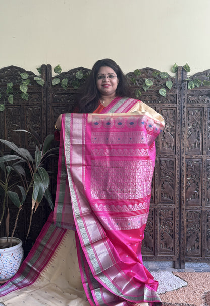 Gadwal Pattu Saree Cream colored saree complemented with a Pink Zari border - Sampradaya Designer Studio