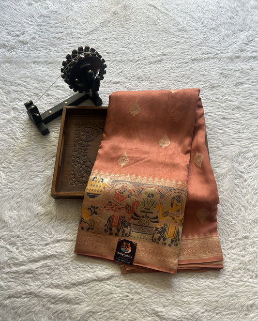 Banarasi Tussar Georgette Saree Peach Colored Exquisite Minakari Border. - Sampradaya Designer Studio