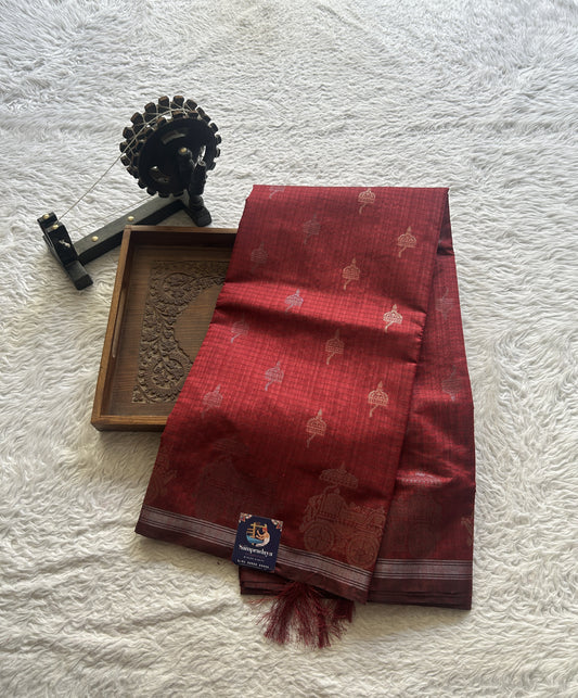 Semi Tussar Saree Colored Maroon Elegantly Paired with a Zari Border. - Sampradaya Designer Studio