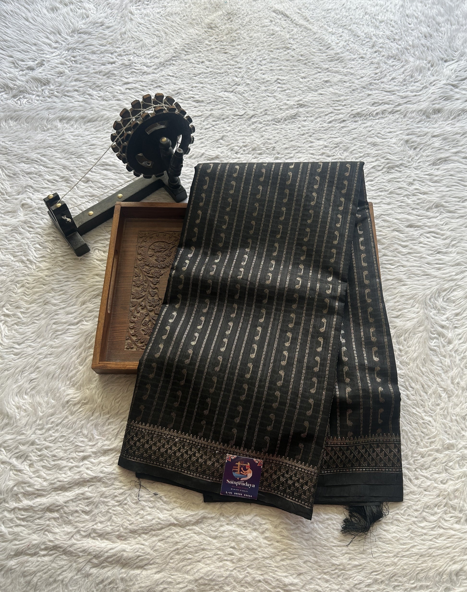 Semi Tussar Saree Colored Black Elegantly Paired with a Zari Border. - Sampradaya Designer Studio