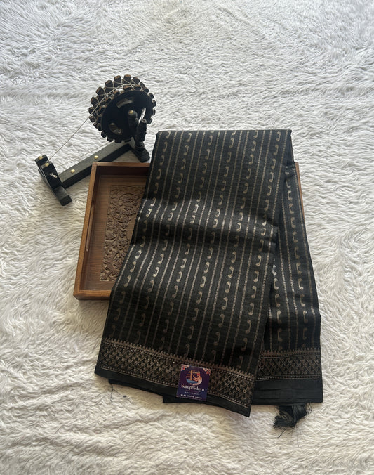 Semi Tussar Saree Colored Black Elegantly Paired with a Zari Border. - Sampradaya Designer Studio