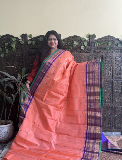 Gadwal Pattu Saree Peach colored saree complemented with a Purple Zari border - Sampradaya Designer Studio