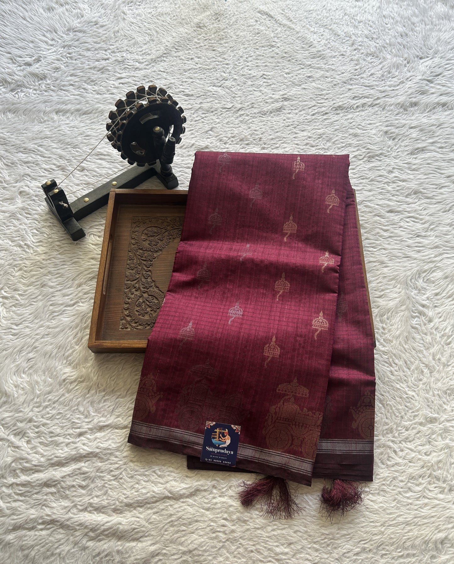 Semi Tussar Saree Colored Magenta Elegantly Paired with a Zari Border. - Sampradaya Designer Studio