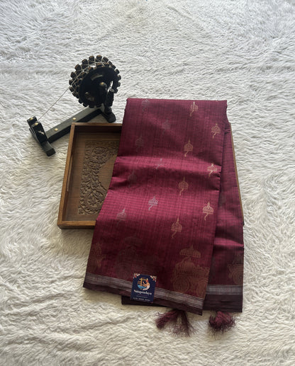 Semi Tussar Saree Colored Magenta Elegantly Paired with a Zari Border. - Sampradaya Designer Studio