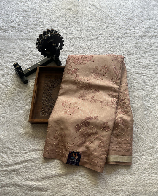 Semi Tussar Saree Light Peach Colored complemented with a Borderless. - Sampradaya Designer Studio