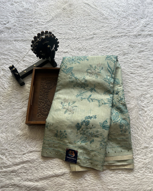 Semi Tussar Saree Light Sea Blue Colored complemented with a Borderless. - Sampradaya Designer Studio