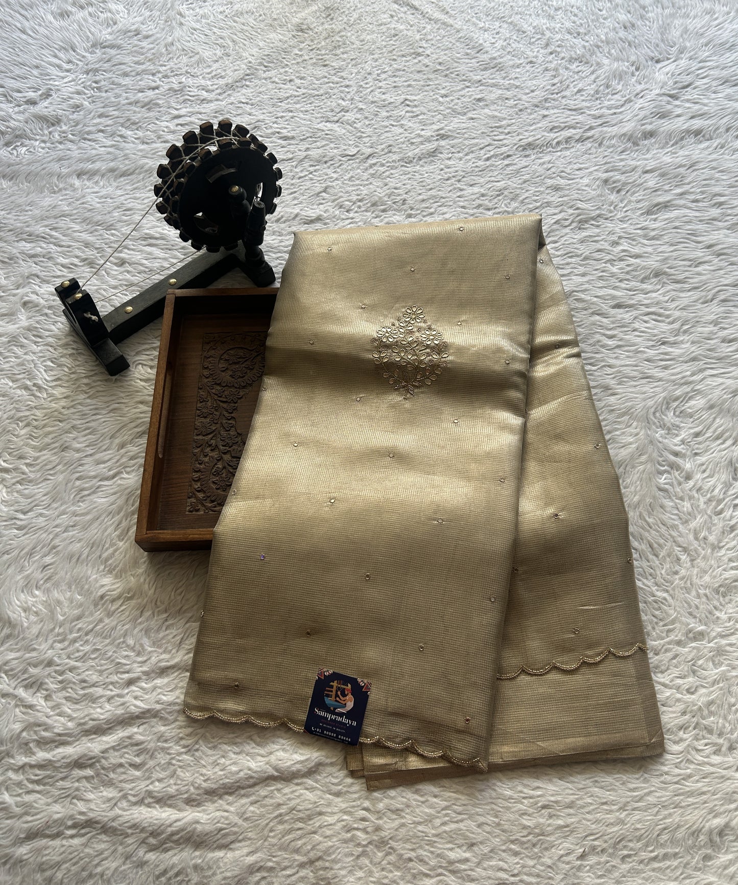 Silk kota Saree Gold colored Elegantly Paired with a Scallop Border. - Sampradaya Designer Studio