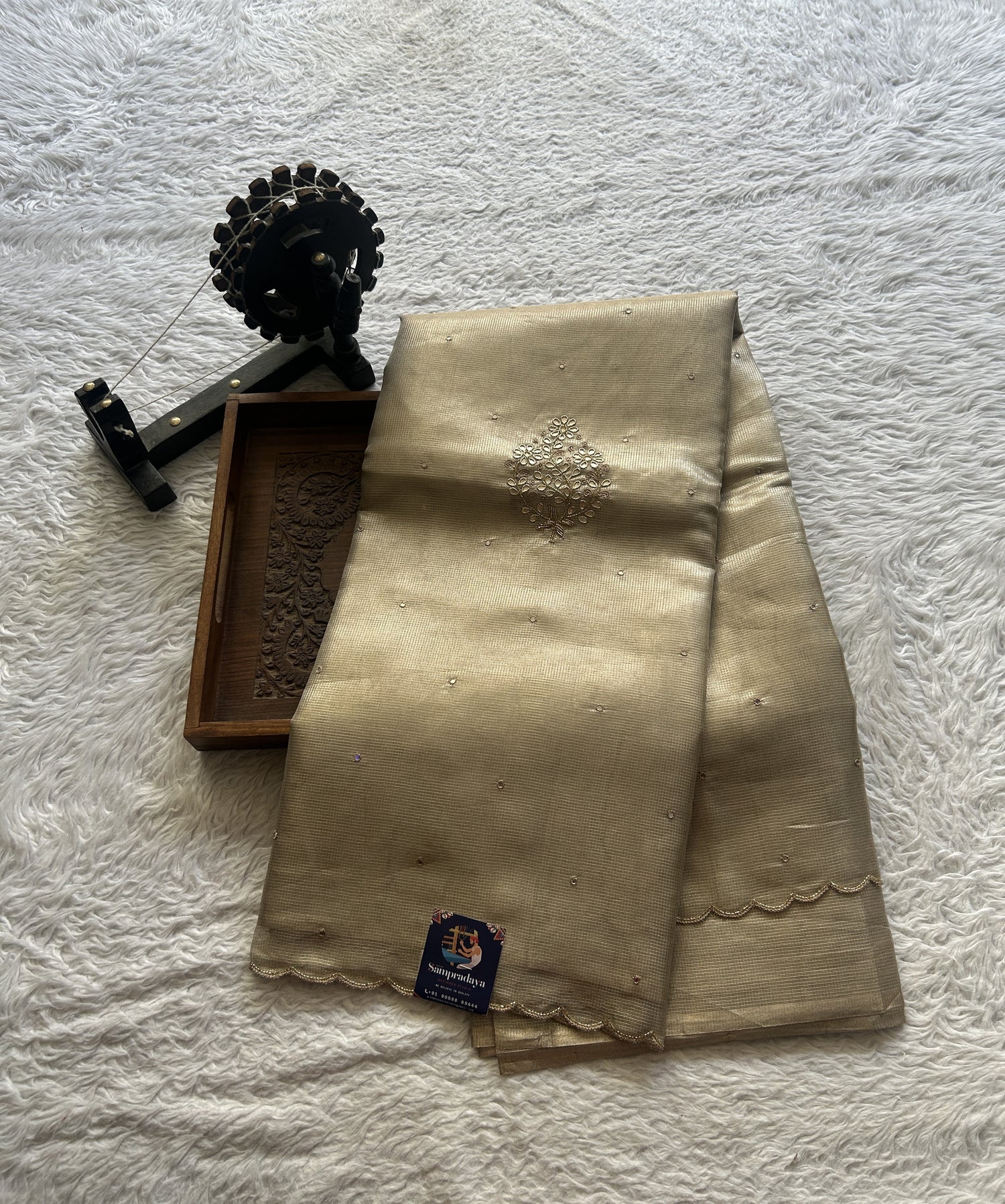 Silk kota Saree Gold colored Elegantly Paired with a Scallop Border. - Sampradaya Designer Studio