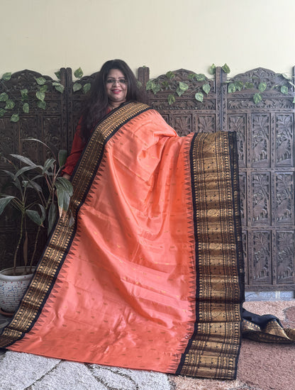Gadwal Pattu Saree Peach colored saree complemented with a Black Zari border - Sampradaya Designer Studio