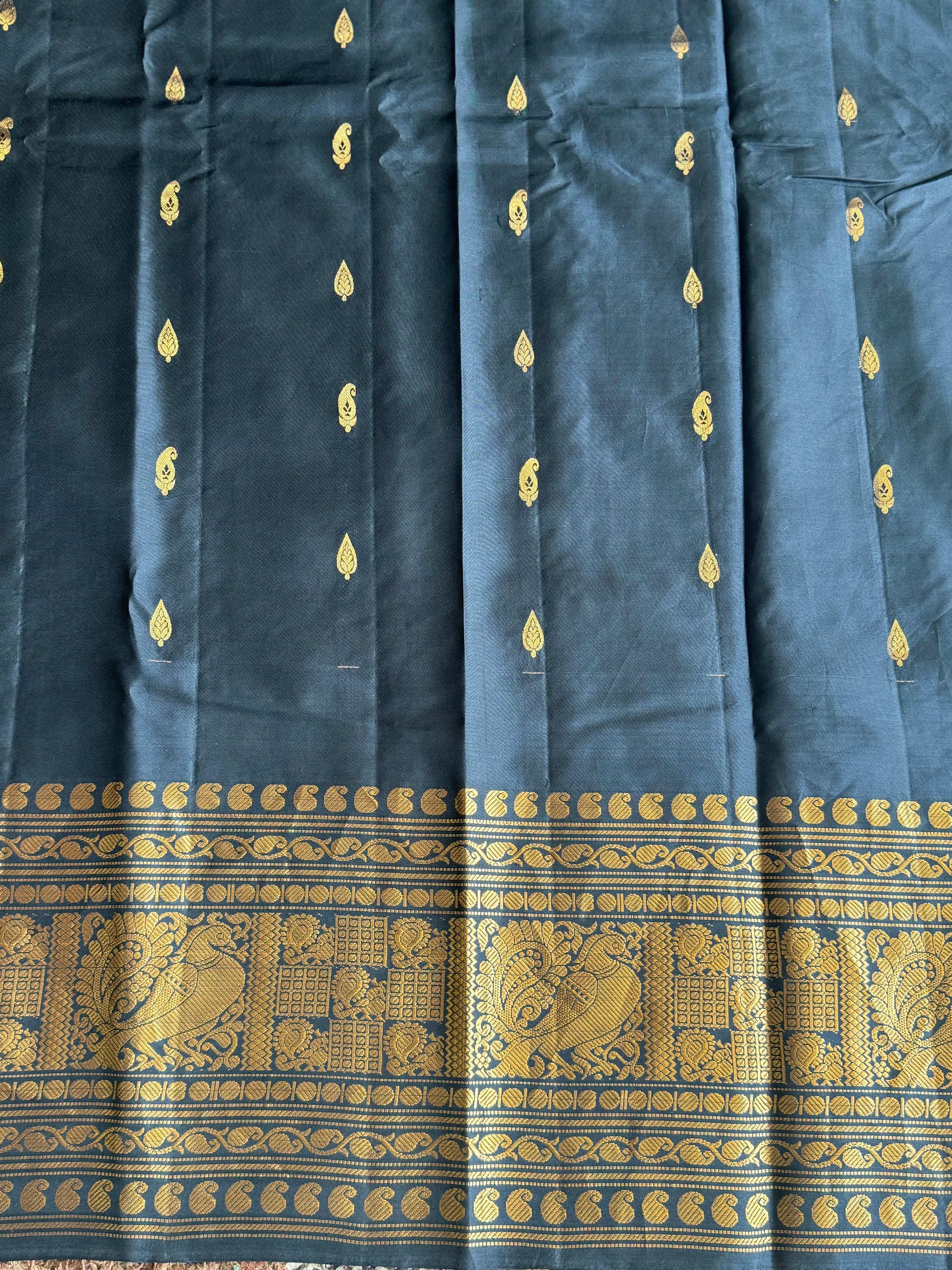 Gadwal Pattu Saree Peach colored saree complemented with a Black Zari border - Sampradaya Designer Studio