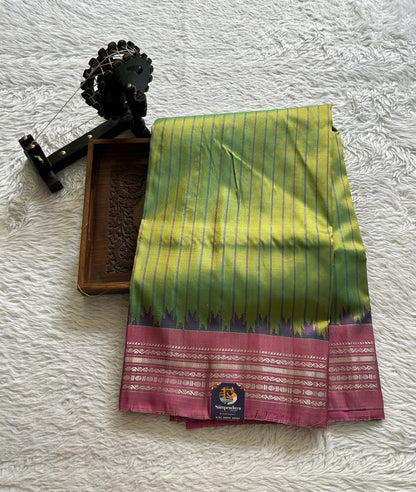Gadwal Pattu Saree Light Green Colored Complemented With a Baby Pink Color Zari Border - Sampradaya Designer Studio