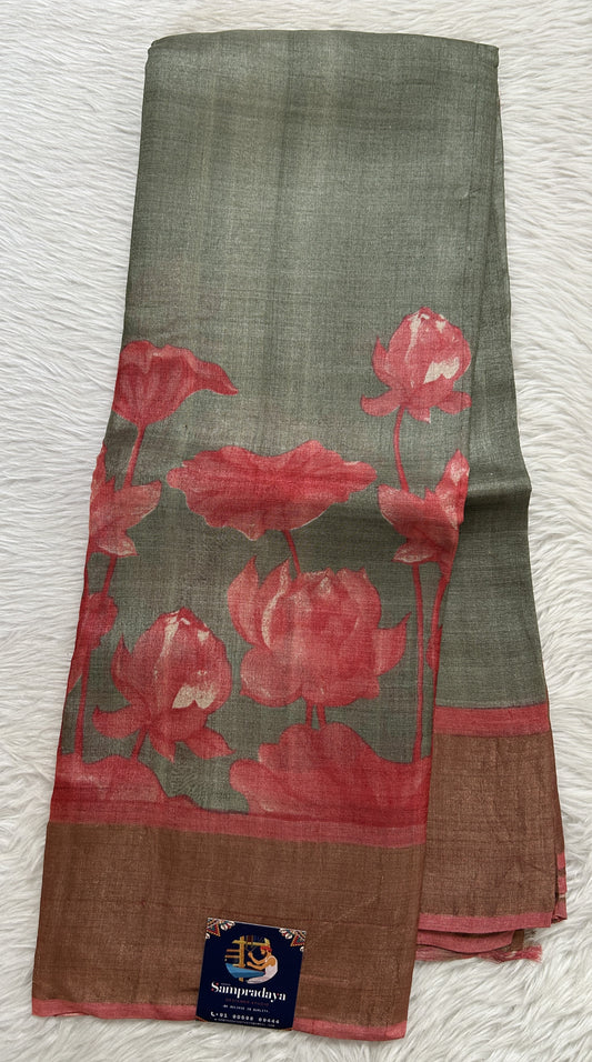 Tussar Silk Saree Dark Olive Green colored Saree complemented with a Pink Colored Zari border. - Sampradaya Designer Studio