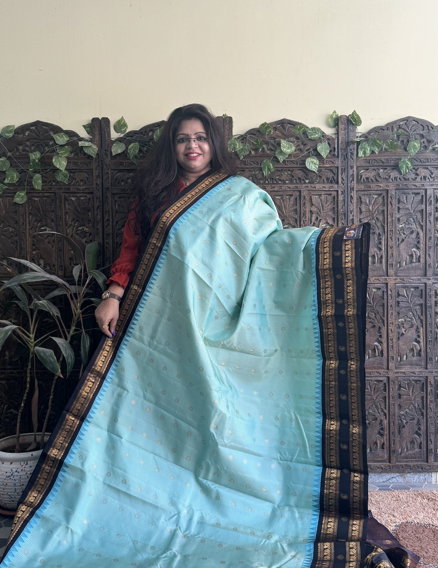 Gadwal Pattu Saree Aqua Blue colored saree complemented with a Brown Zari border - Sampradaya Designer Studio