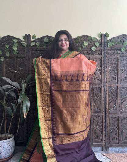 Gadwal Pattu Saree Peach colored saree complemented with a Brown Zari border - Sampradaya Designer Studio