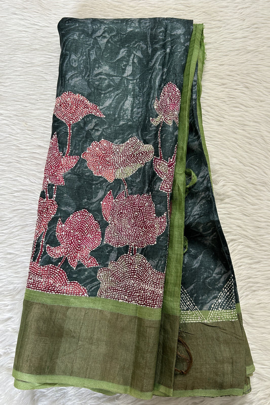 Tussar Silk Saree Dark Bottle Green colored Saree complemented with a Green Colored Zari border. - Sampradaya Designer Studio
