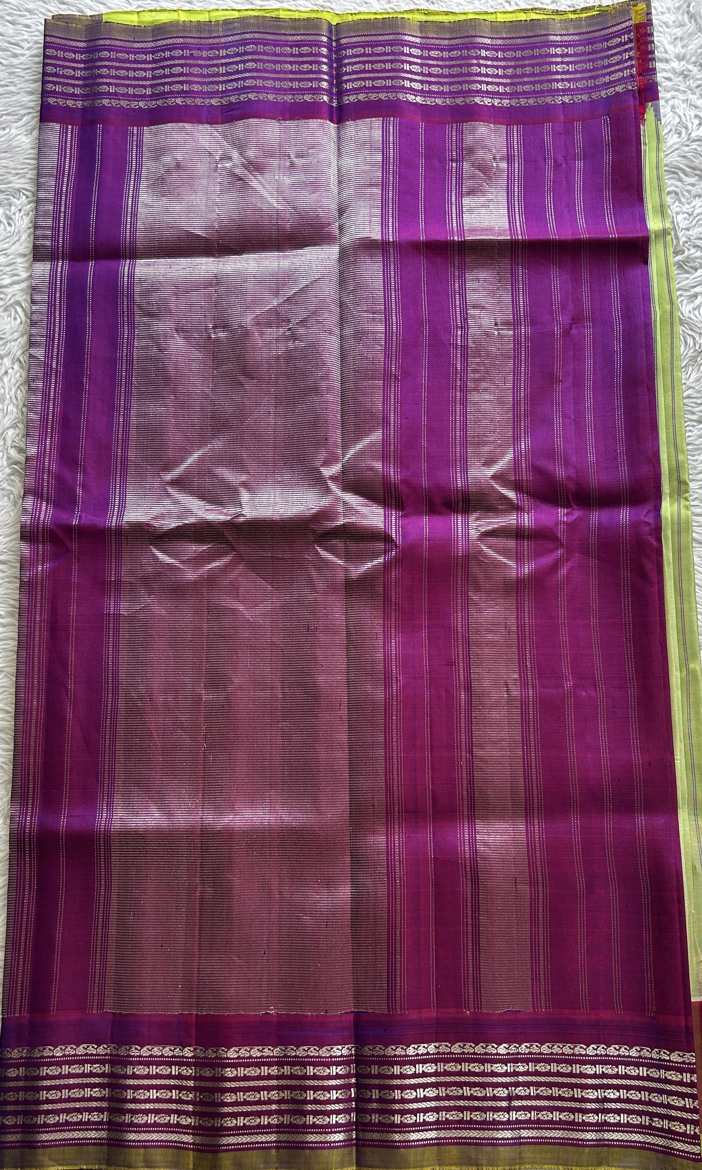Gadwal Pattu Saree Light Green Colored Complemented With a Purple Color Zari Border - Sampradaya Designer Studio