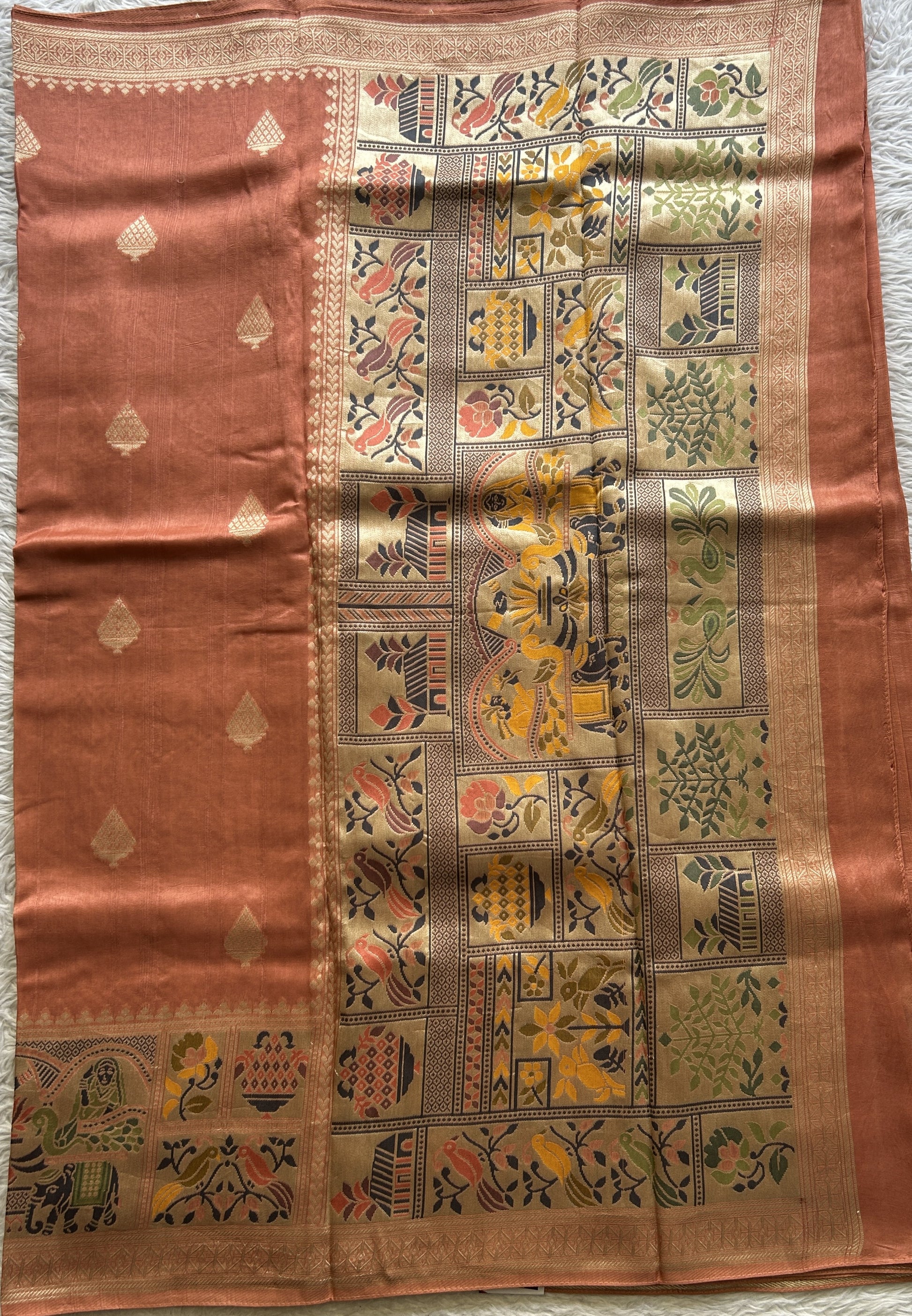Banarasi Tussar Georgette Saree Peach Colored Exquisite Minakari Border. - Sampradaya Designer Studio