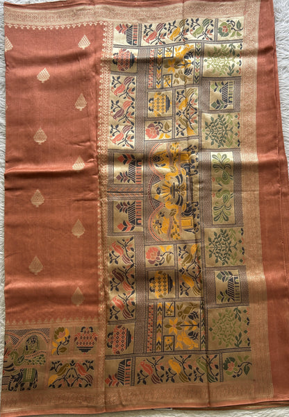 Banarasi Tussar Georgette Saree Peach Colored Exquisite Minakari Border. - Sampradaya Designer Studio