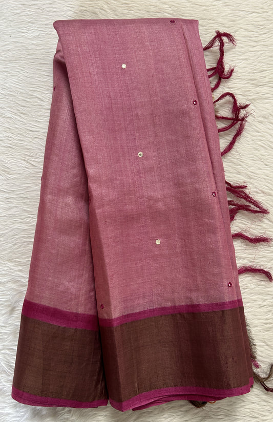 Tussar Silk Saree Pink colored Saree complemented with a Dark Pink Colored Zari border. - Sampradaya Designer Studio