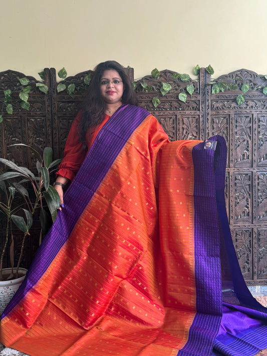 Gadwal Pattu Saree Orange colored saree complemented with a Violet Checks border - Sampradaya Designer Studio