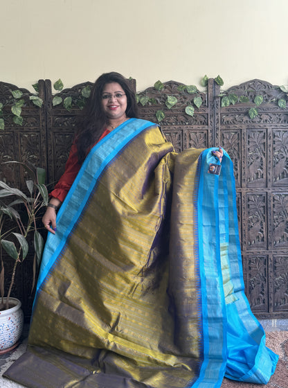 Gadwal Pattu Saree Soft Olive colored saree complemented with a Sky Blue Zari border - Sampradaya Designer Studio