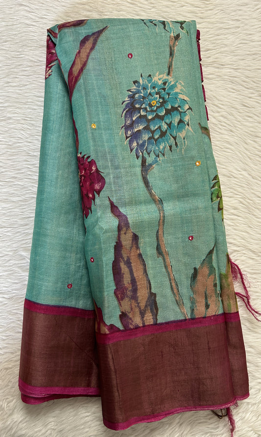 Tussar Silk Saree Sea Blue colored Saree complemented with a Dark Pink Colored Zari border. - Sampradaya Designer Studio