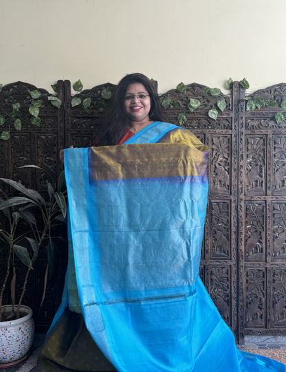 Gadwal Pattu Saree Soft Olive colored saree complemented with a Sky Blue Zari border - Sampradaya Designer Studio