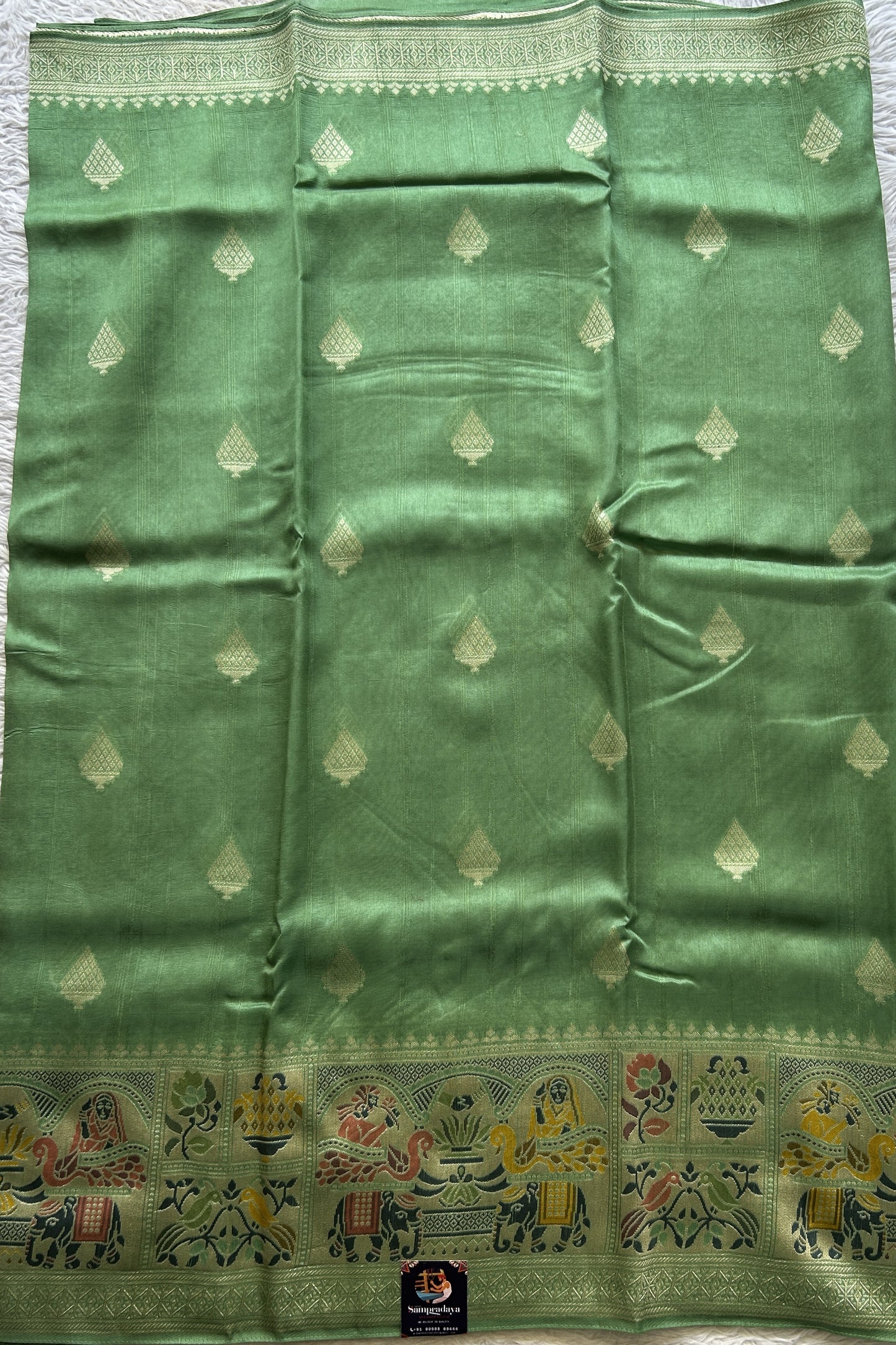 Banarasi Tussar Georgette Saree Light Green Colored Exquisite Minakari Border. - Sampradaya Designer Studio
