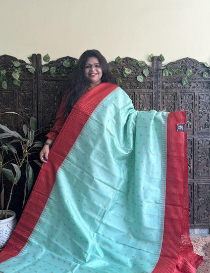 Gadwal Pattu Saree Sea Green colored saree complemented with a Red Checks border - Sampradaya Designer Studio