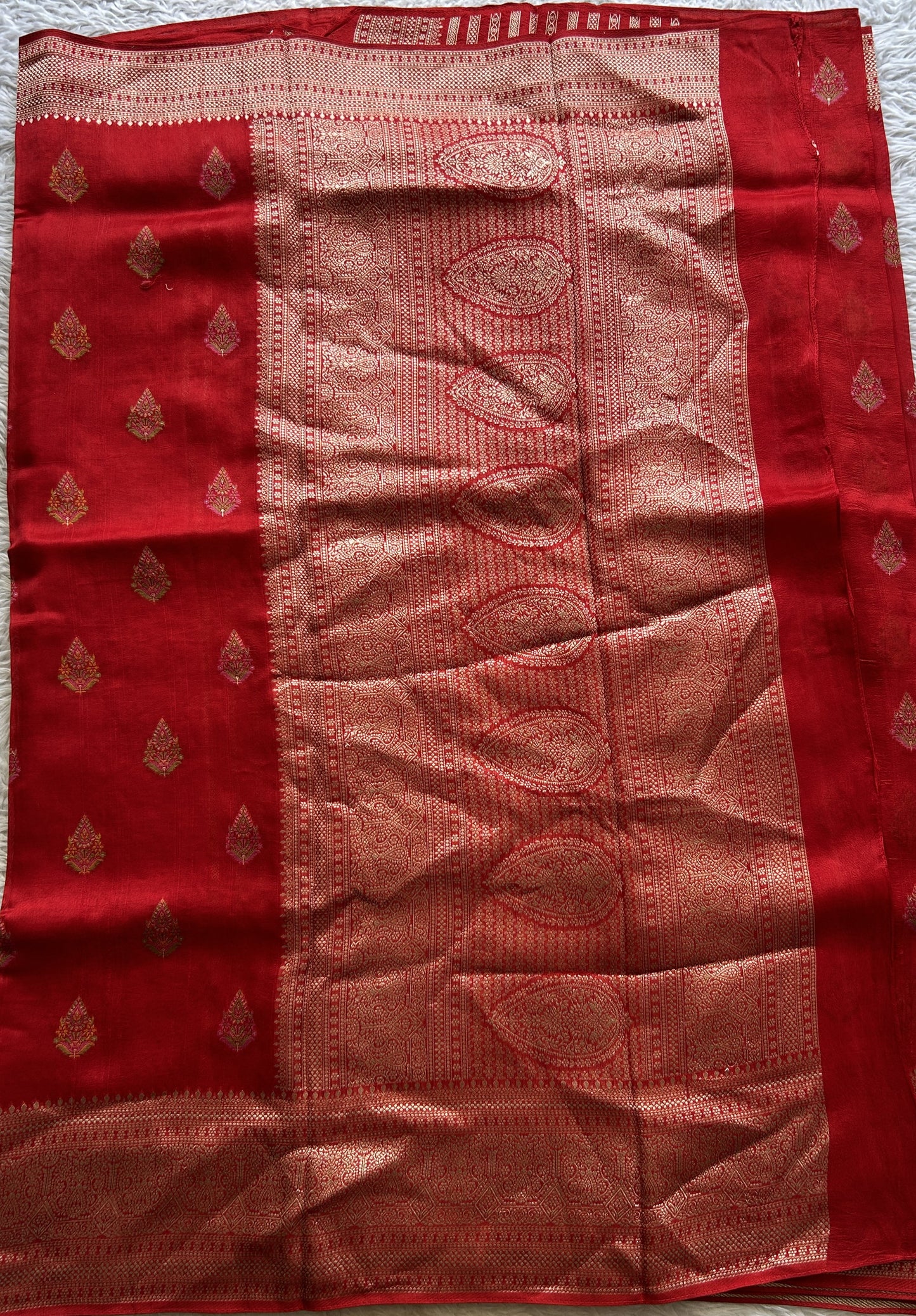 Banarasi Tussar Georgette Saree Red Colored Exquisite Zari Border. - Sampradaya Designer Studio