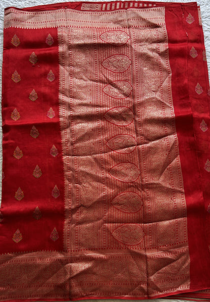 Banarasi Tussar Georgette Saree Red Colored Exquisite Zari Border. - Sampradaya Designer Studio