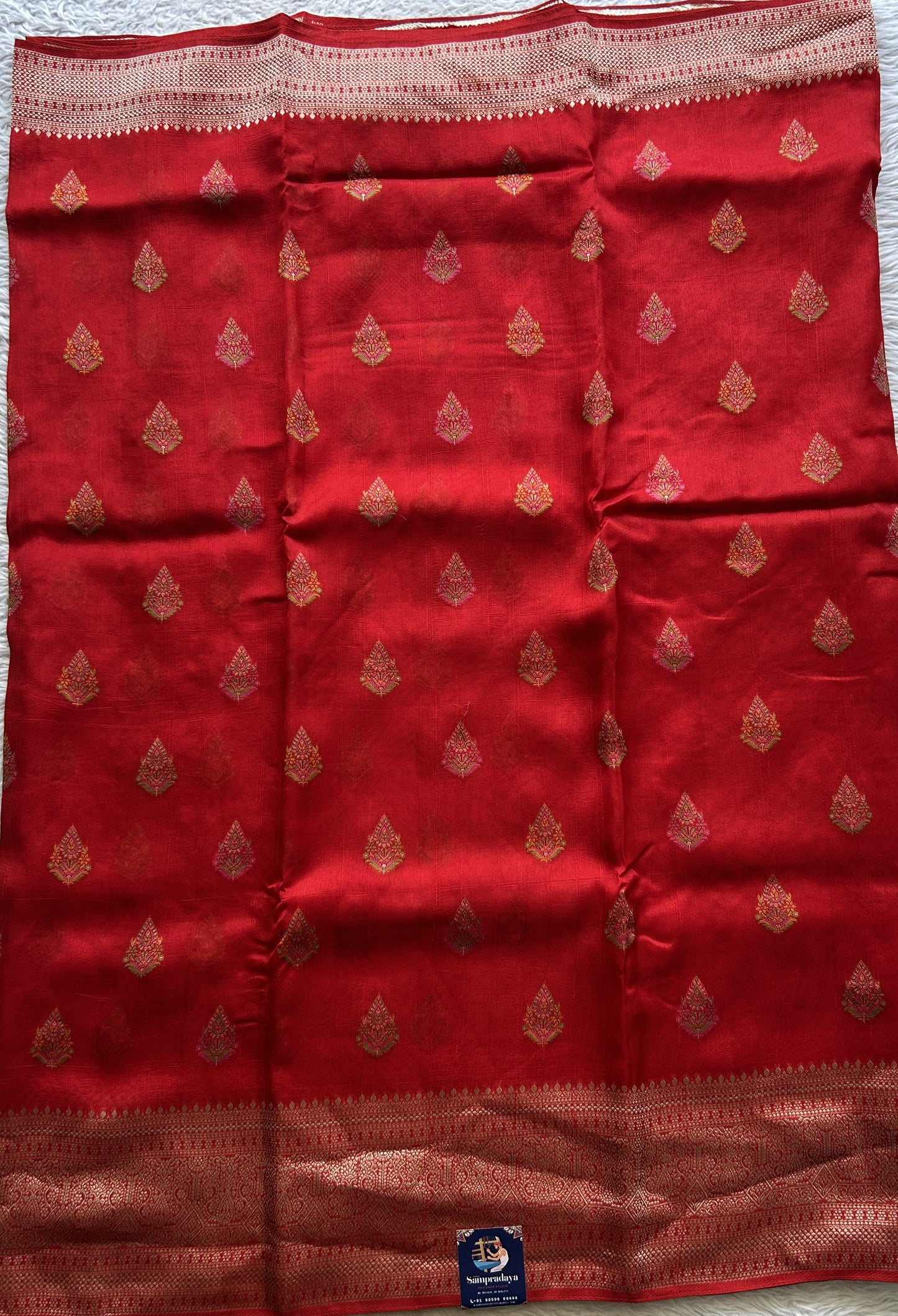 Banarasi Tussar Georgette Saree Red Colored Exquisite Zari Border. - Sampradaya Designer Studio