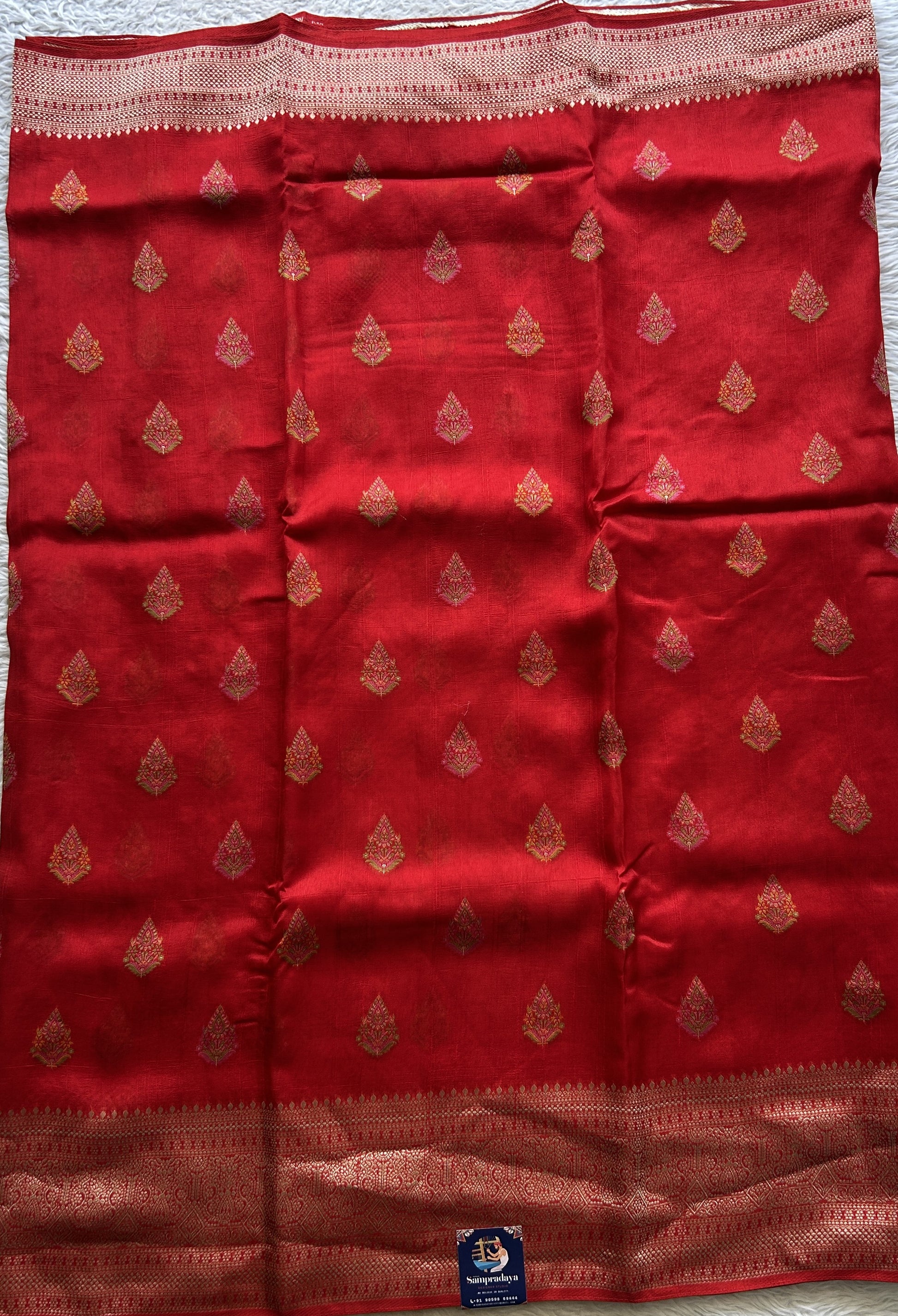 Banarasi Tussar Georgette Saree Red Colored Exquisite Zari Border. - Sampradaya Designer Studio