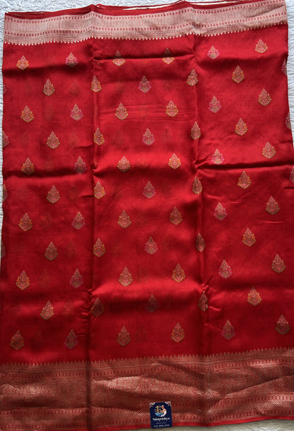 Banarasi Tussar Georgette Saree Red Colored Exquisite Zari Border. - Sampradaya Designer Studio