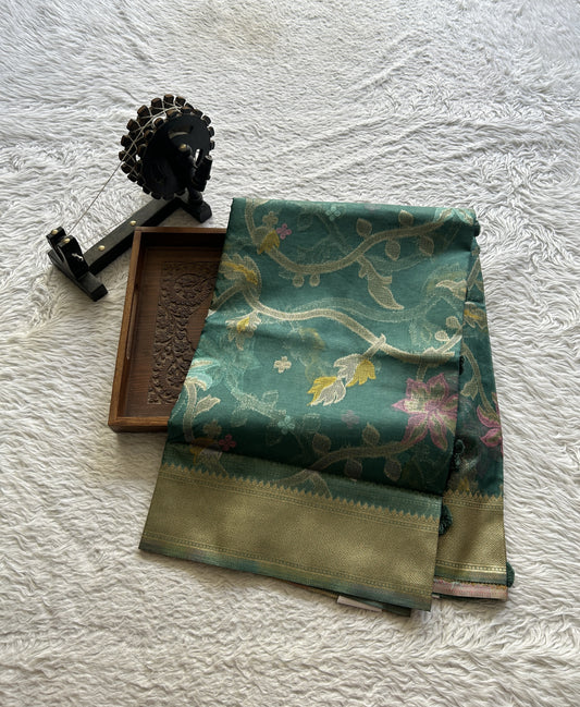 Semi Raw Silk Allover Saree Deep Sea Green Colored Exquisite with a Zari Border. - Sampradaya Designer Studio