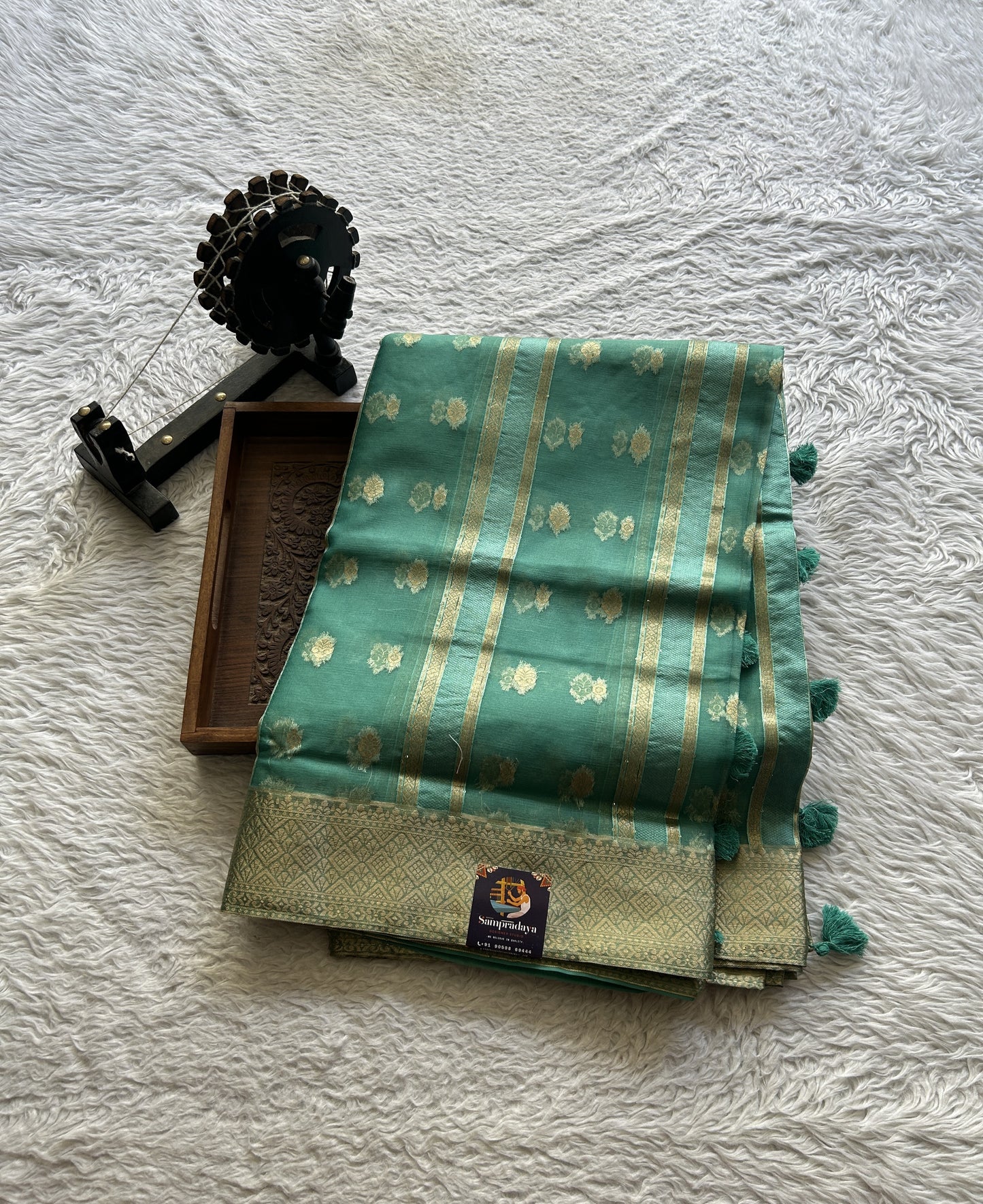 Semi Raw Silk Saree Jade Colored Exquisite with a Zari Border. - Sampradaya Designer Studio