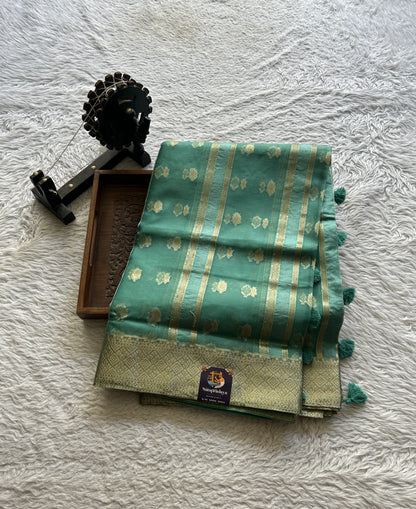 Semi Raw Silk Saree Jade Colored Exquisite with a Zari Border. - Sampradaya Designer Studio