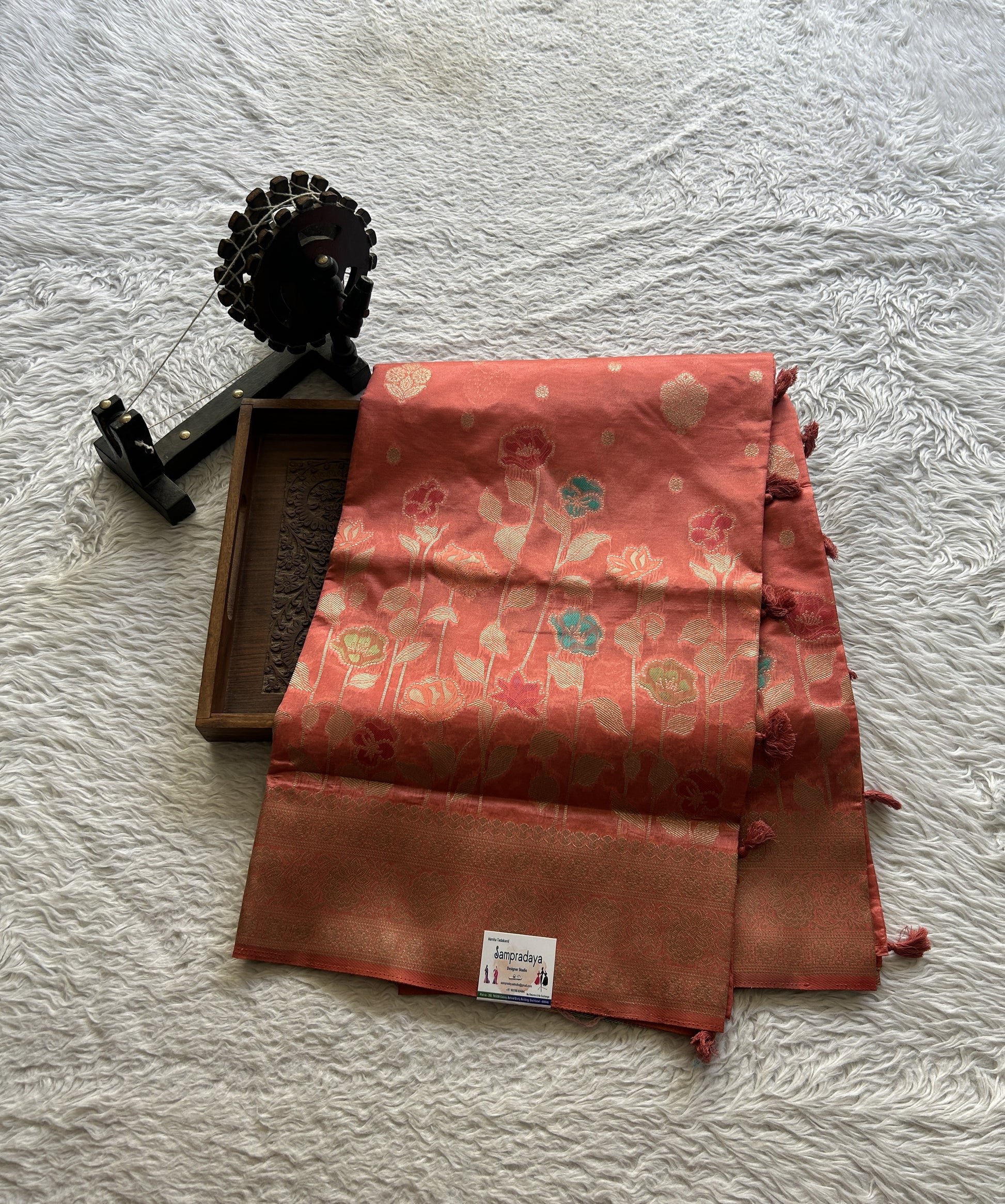 Semi Raw Silk Saree Dark Peach Colored Exquisite with a Zari Border. - Sampradaya Designer Studio