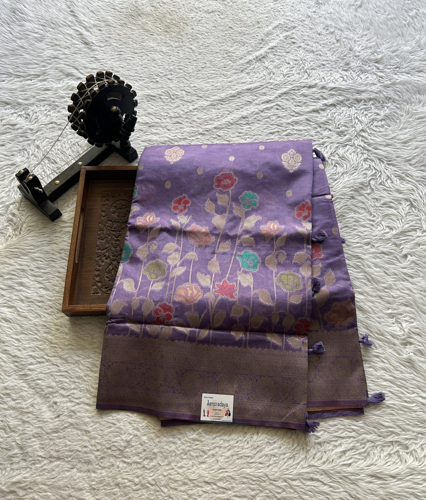 Semi Raw Silk Saree Lilac Colored Exquisite with a Zari Border. - Sampradaya Designer Studio