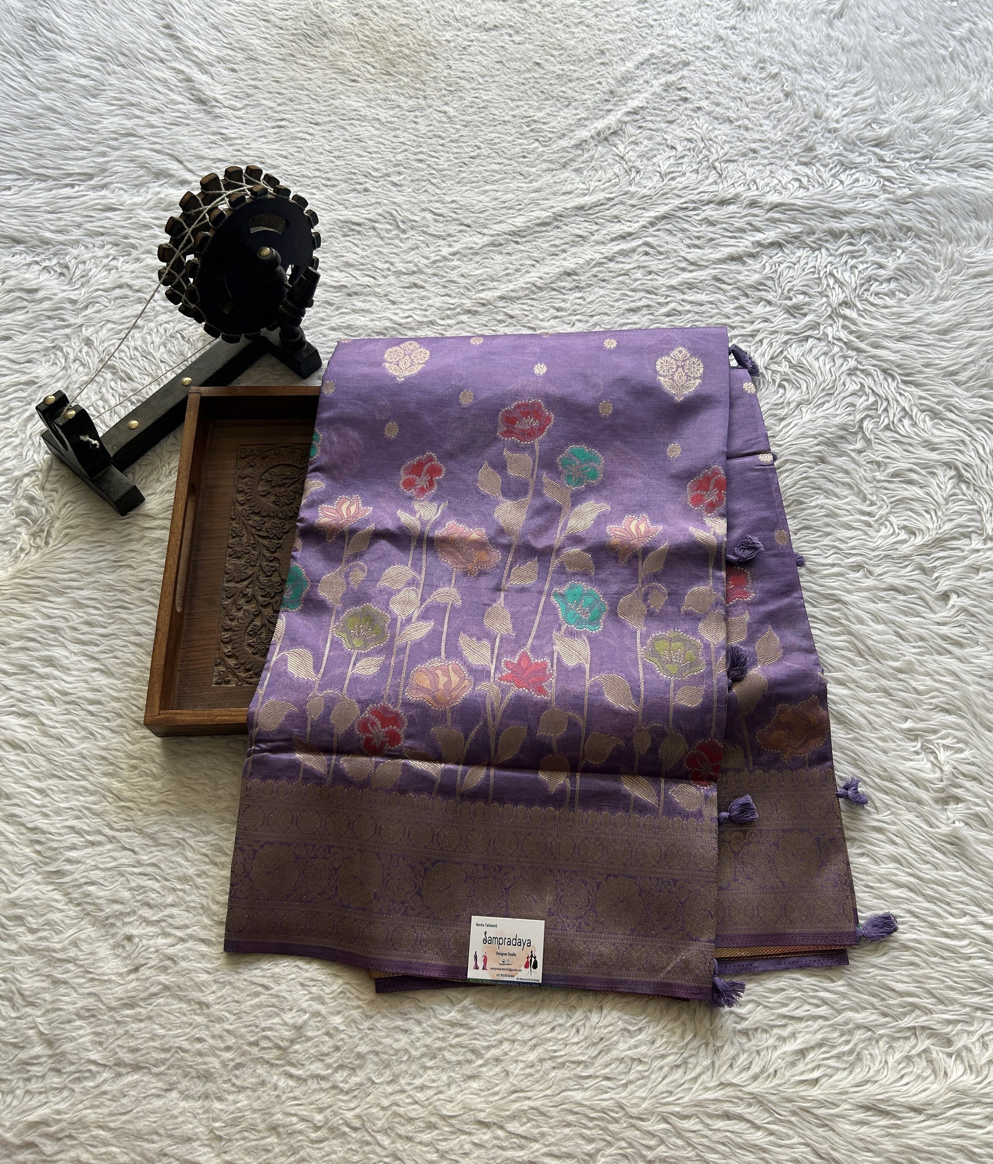 Semi Raw Silk Saree Lilac Colored Exquisite with a Zari Border. - Sampradaya Designer Studio
