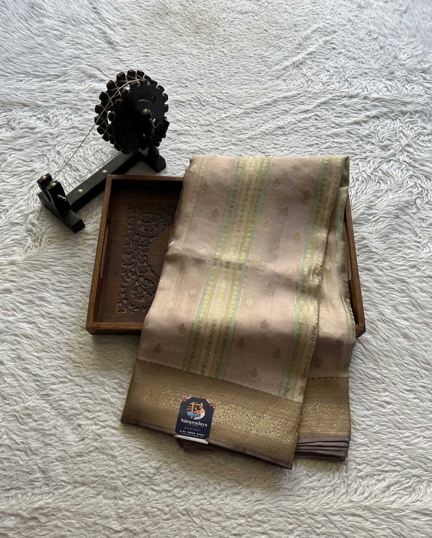 Pure Banarasi Crepe Silk Saree Very Light Pink Colored Complemented with a Zari border. - Sampradaya Designer Studio