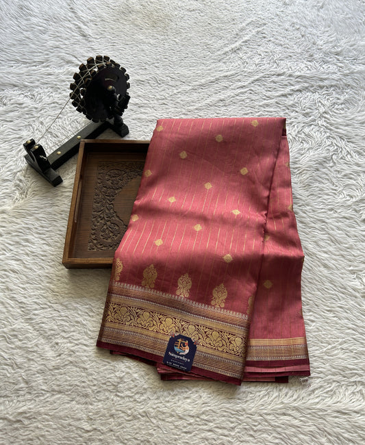 Semi Georgette Saree Dark Peach Colored Paired with a Zari Border. - Sampradaya Designer Studio