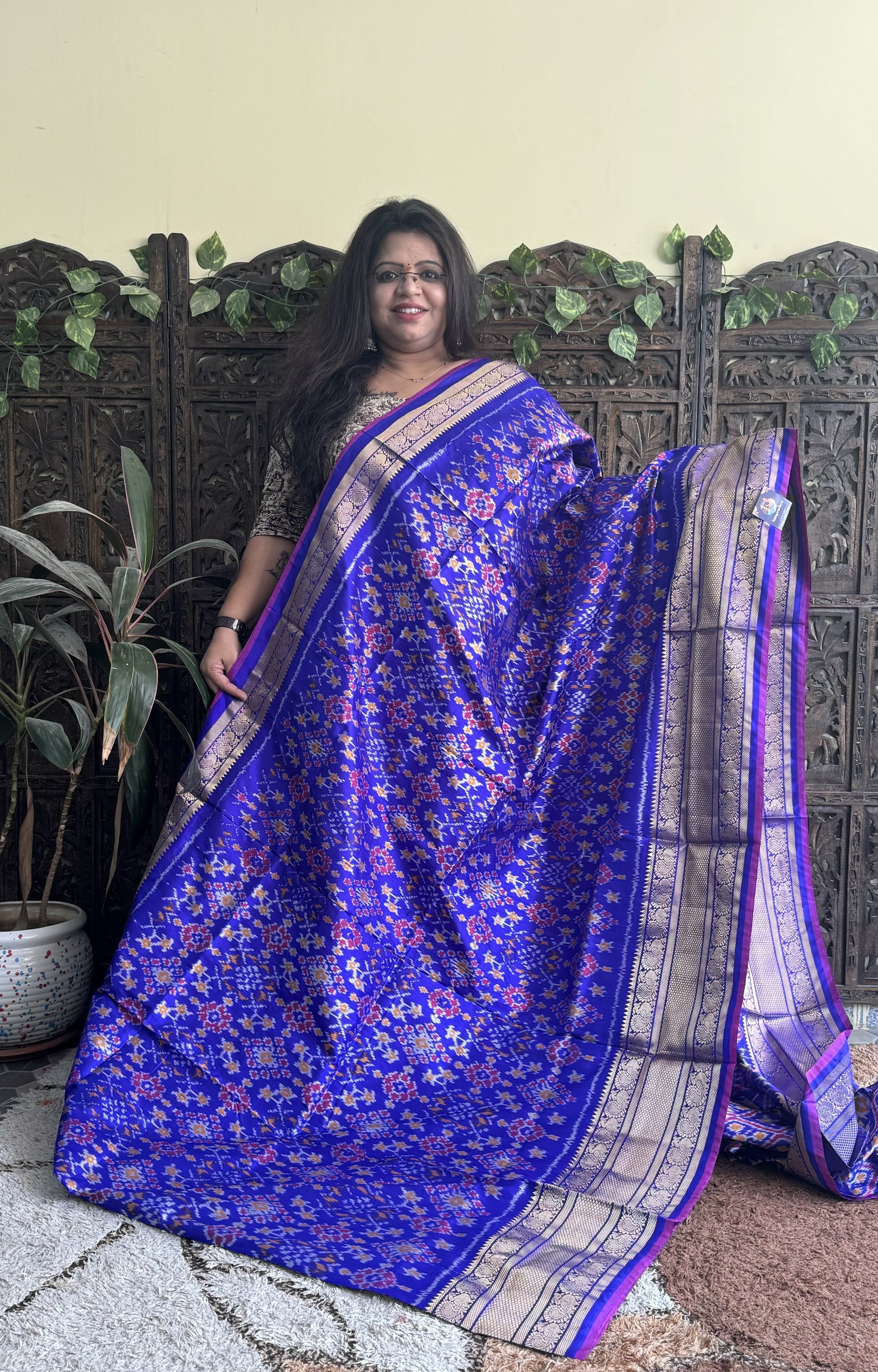 Ikkat Pattu Saree Royal Blue colored complemented with a Kanchi border. - Sampradaya Designer Studio