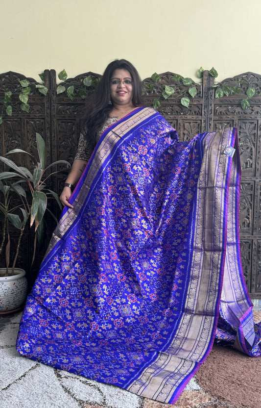 Ikkat Pattu Saree Royal Blue colored complemented with a Kanchi border. - Sampradaya Designer Studio