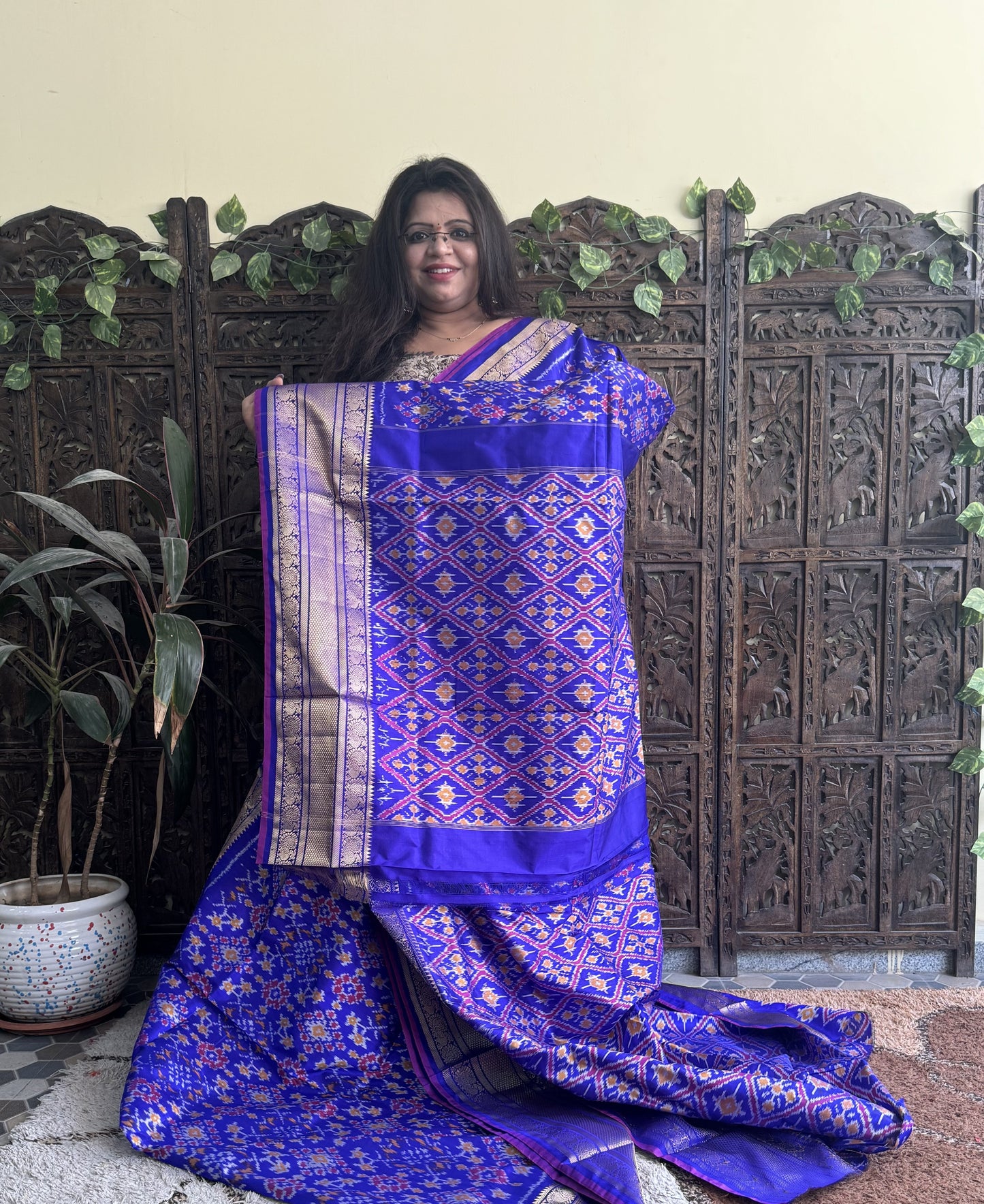 Ikkat Pattu Saree Royal Blue colored complemented with a Kanchi border. - Sampradaya Designer Studio