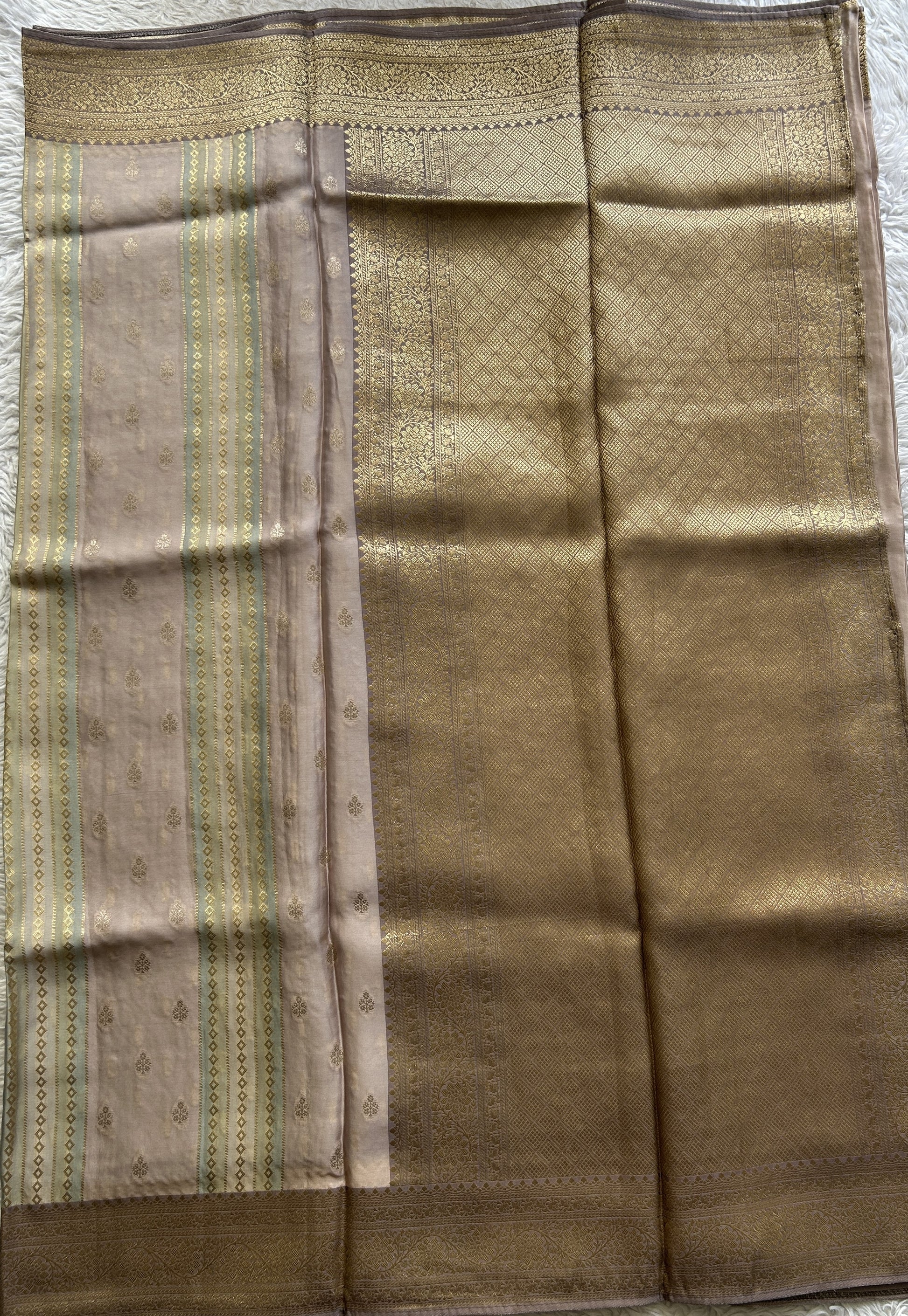 Pure Banarasi Crepe Silk Saree Very Light Pink Colored Complemented with a Zari border. - Sampradaya Designer Studio